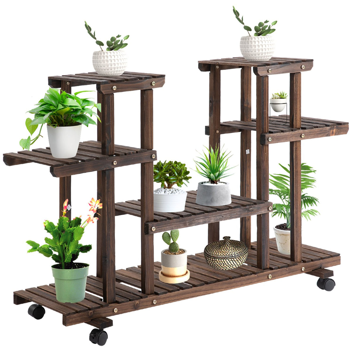 Flower Stand Plant Shelf, Four Tier Flower Shelf, Solid Wood, Charred, 123.5X33X80Cm