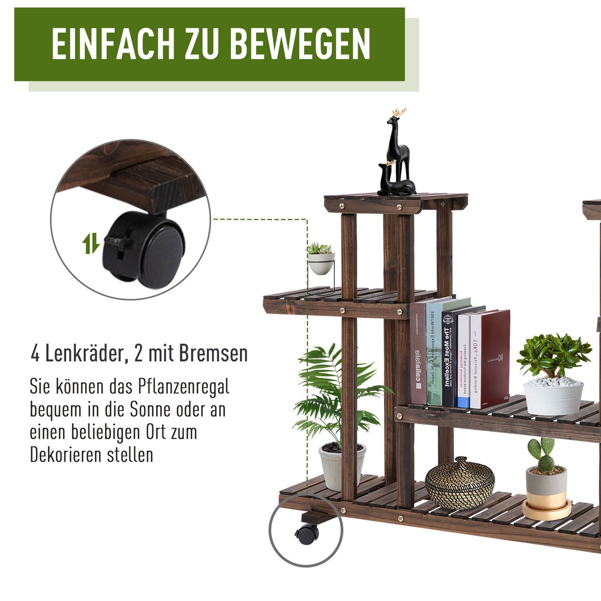 Flower Stand Plant Shelf, Four Tier Flower Shelf, Solid Wood, Charred, 123.5X33X80Cm