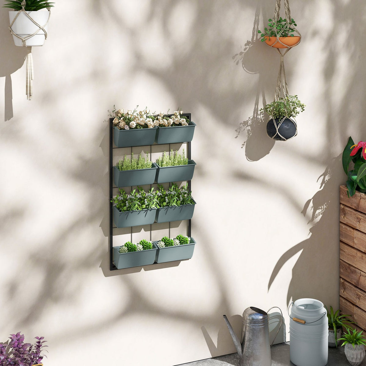 Flower Stand Plant Stand with 8 Pots Wall Mounted Plant Stairs Flower Shelf for Garden Dark Green 52.5 x 14 x 90 cm