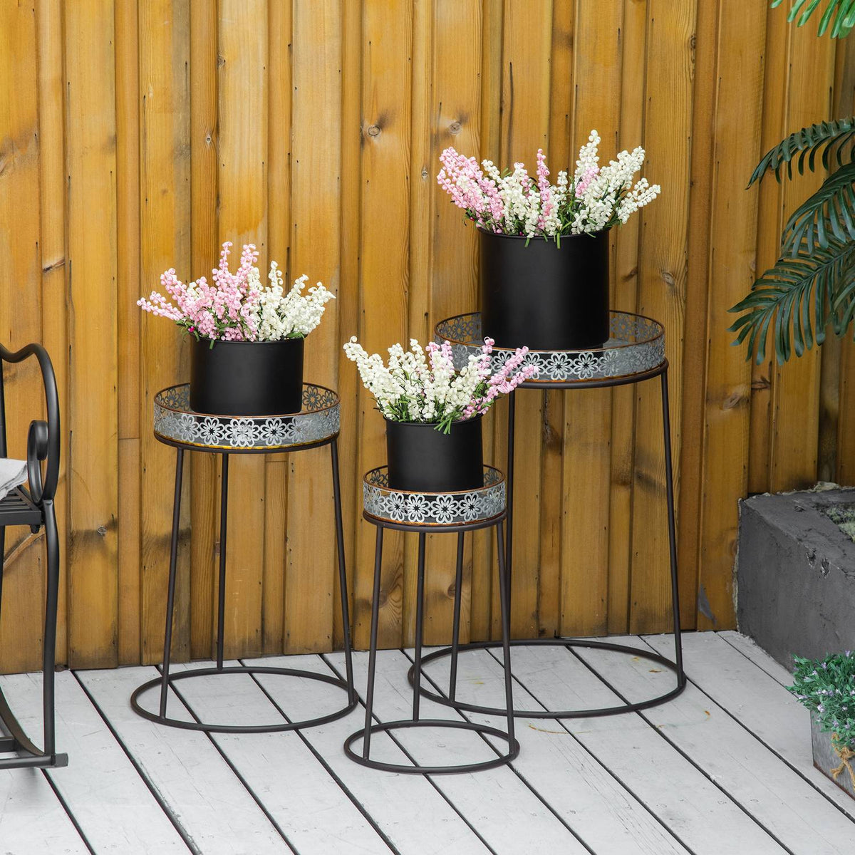 Flower Stand Set Of 3 Metal Plant Stands, Stackable Flower Stools In Coffee + Silver, For Flower Pots