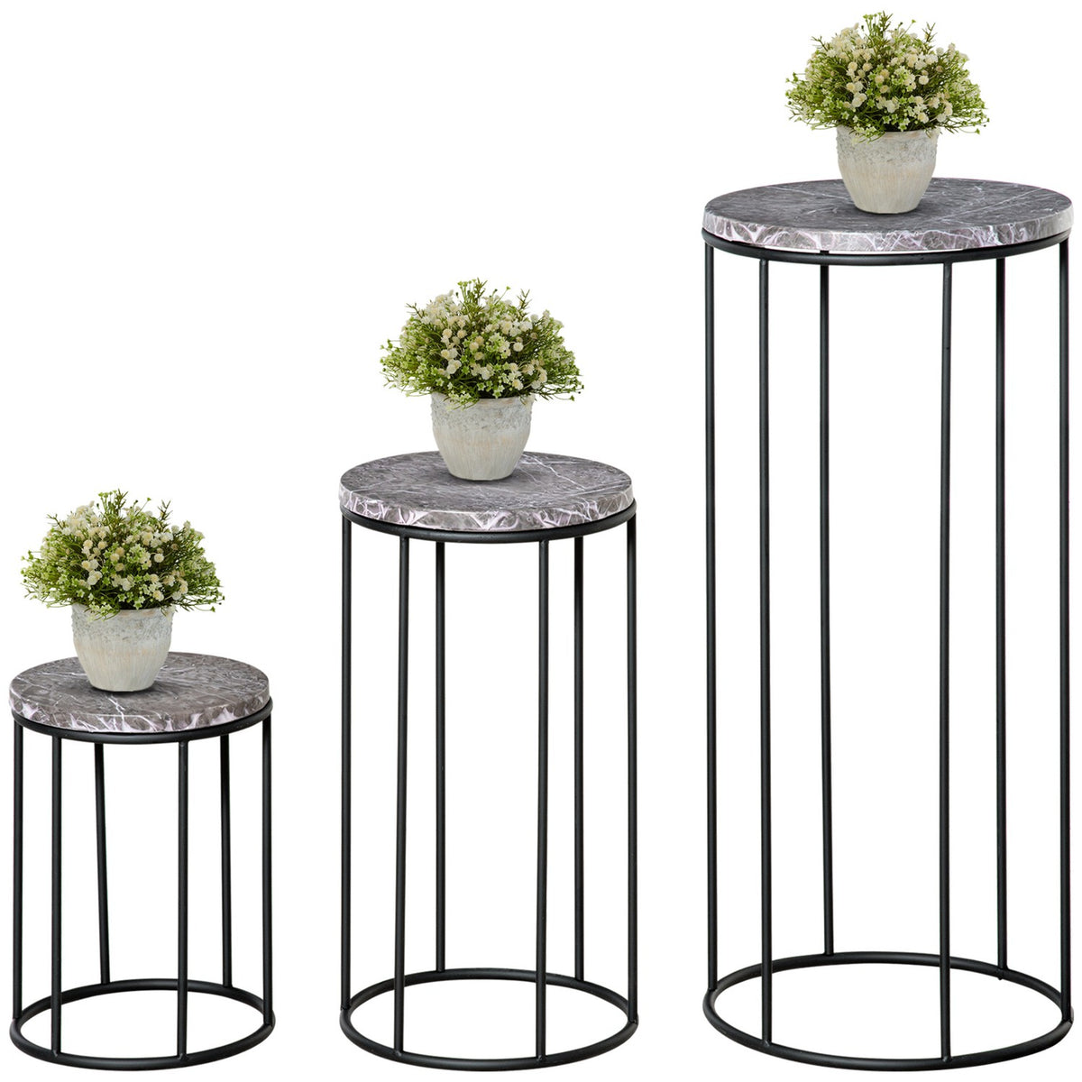 Flower Stand Set Of 3 Plant Stands In Marble Look, Stackable Flower Stools, Decorative