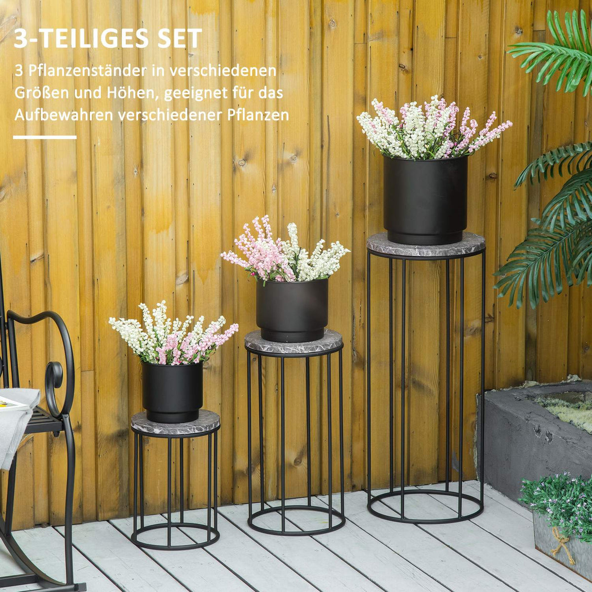 Flower Stand Set Of 3 Plant Stands In Marble Look, Stackable Flower Stools, Decorative