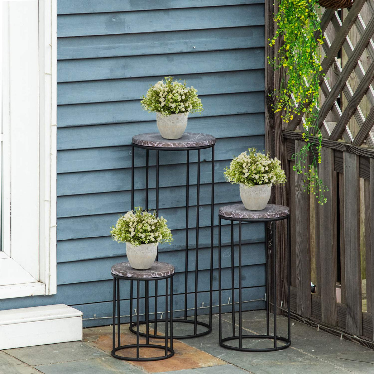 Flower Stand Set Of 3 Plant Stands In Marble Look, Stackable Flower Stools, Decorative