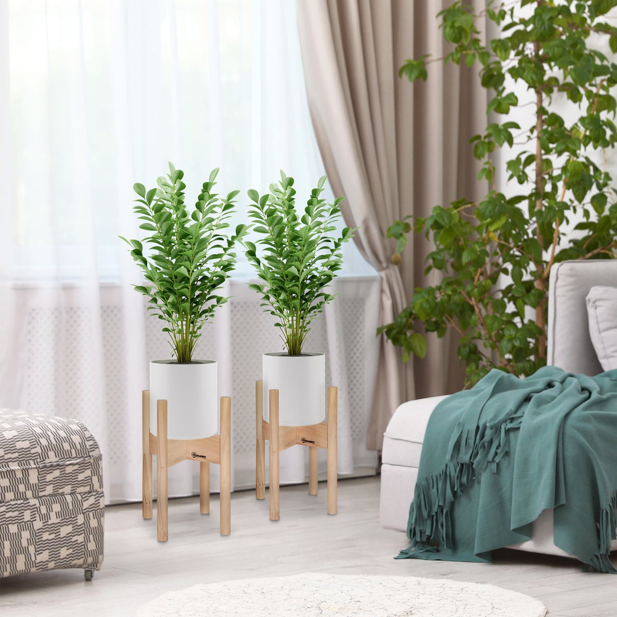 Flower Stands Set Of 2 Made Of Wood, Plant Stands With Different Heights, Flower Stools, Natural