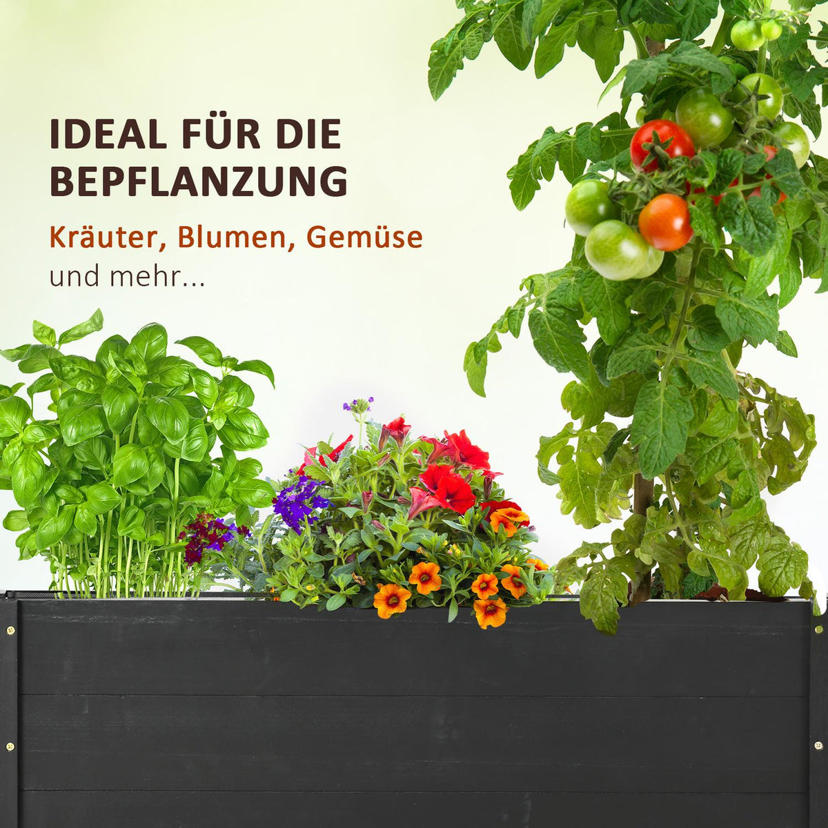 Flower box, raised bed with wheels, plant box, herb bed for garden, terrace and balcony, solid wood, black, 89 x 48 x 47 cm