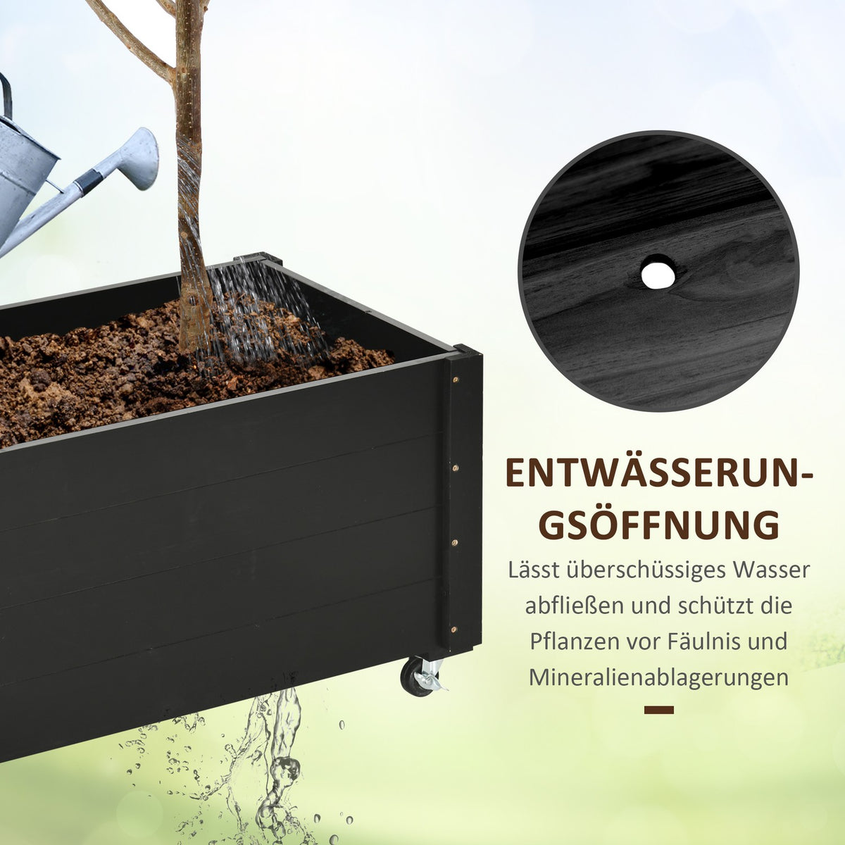 Flower box, raised bed with wheels, plant box, herb bed for garden, terrace and balcony, solid wood, black, 89 x 48 x 47 cm