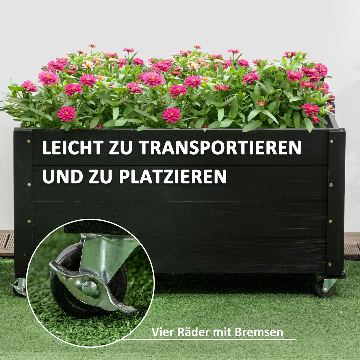 Flower box, raised bed with wheels, plant box, herb bed for garden, terrace and balcony, solid wood, black, 89 x 48 x 47 cm