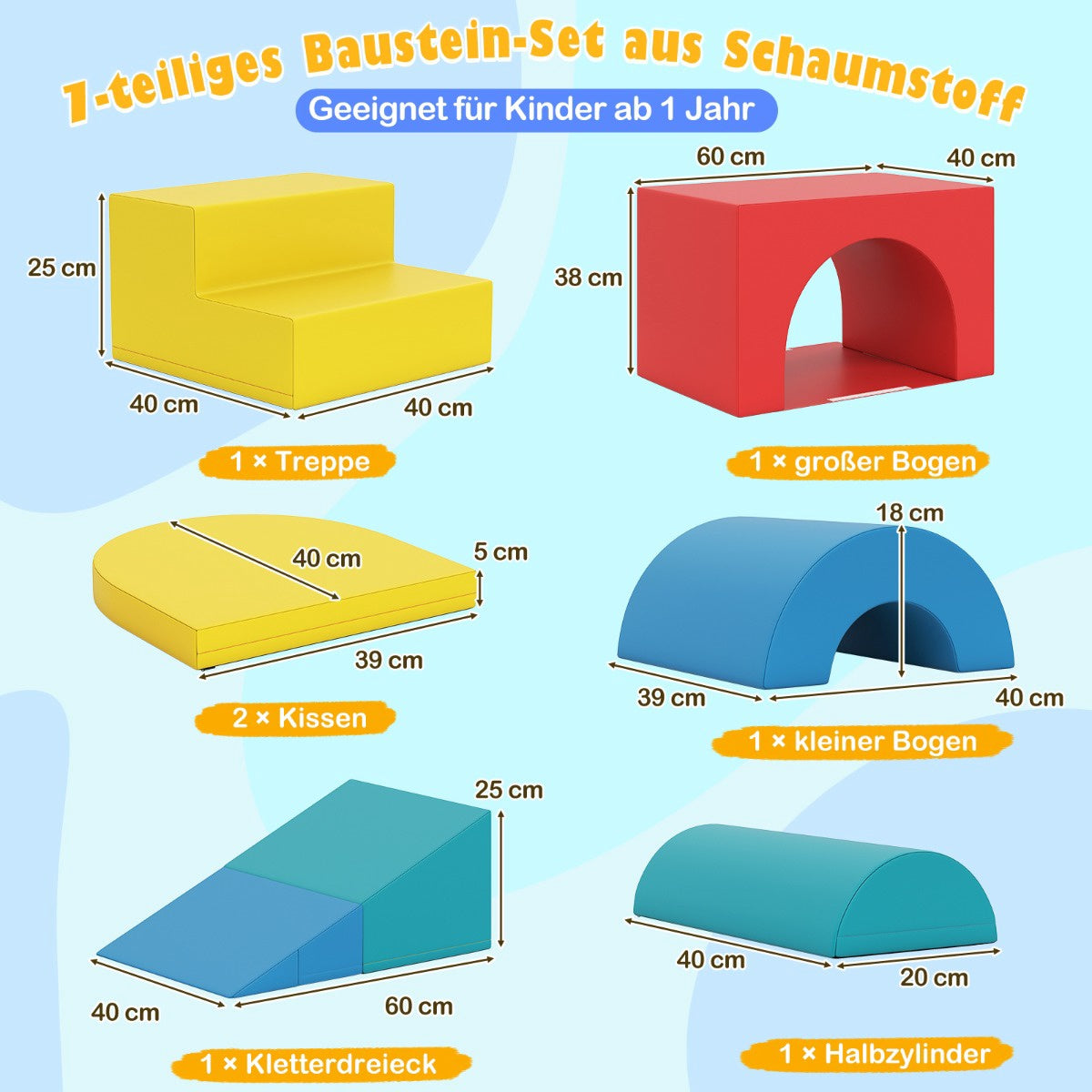 Foam Climbing Blocks Set, PU Leather, 7 Pieces, Multicolor