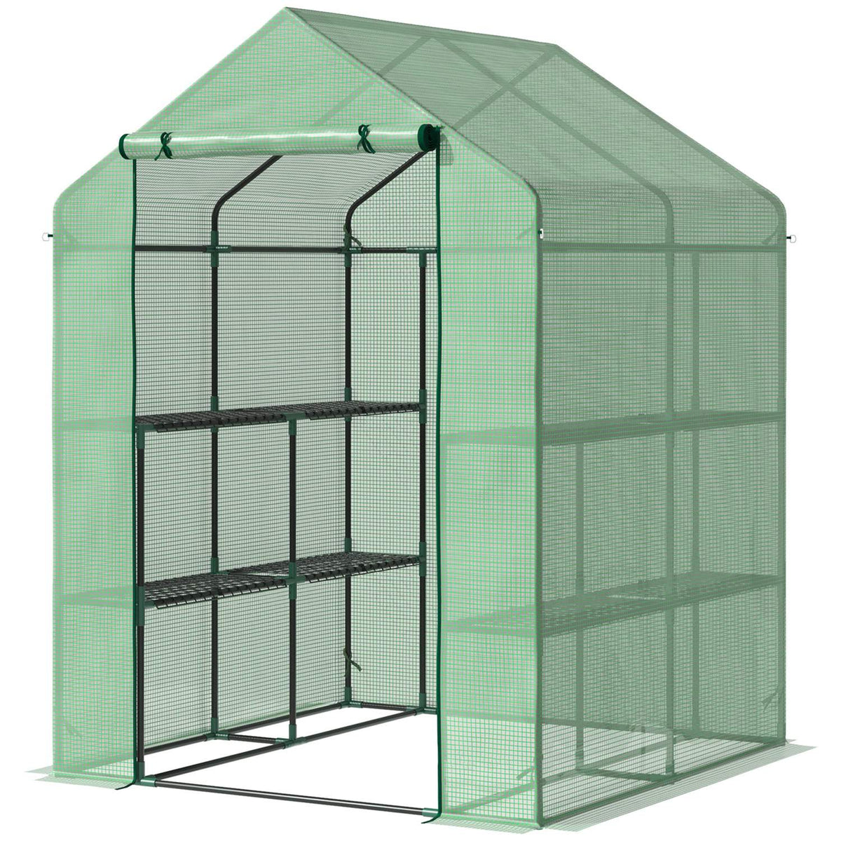 Foil Greenhouse Walk-In Greenhouse With 8 Shelf Levels, Ideal For Tomatoes, Steel & Pe Plastic, Green, With Door