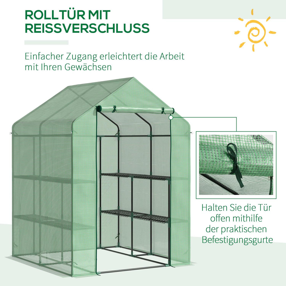Foil Greenhouse Walk-In Greenhouse With 8 Shelf Levels, Ideal For Tomatoes, Steel & Pe Plastic, Green, With Door