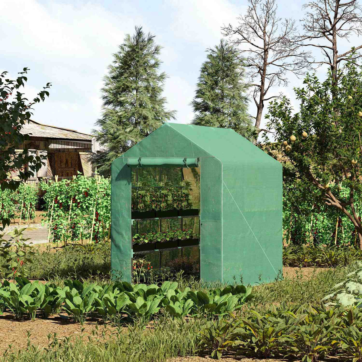 Foil Greenhouse Walk-In Greenhouse With 8 Shelves, Door, Green, 214X143X195Cm