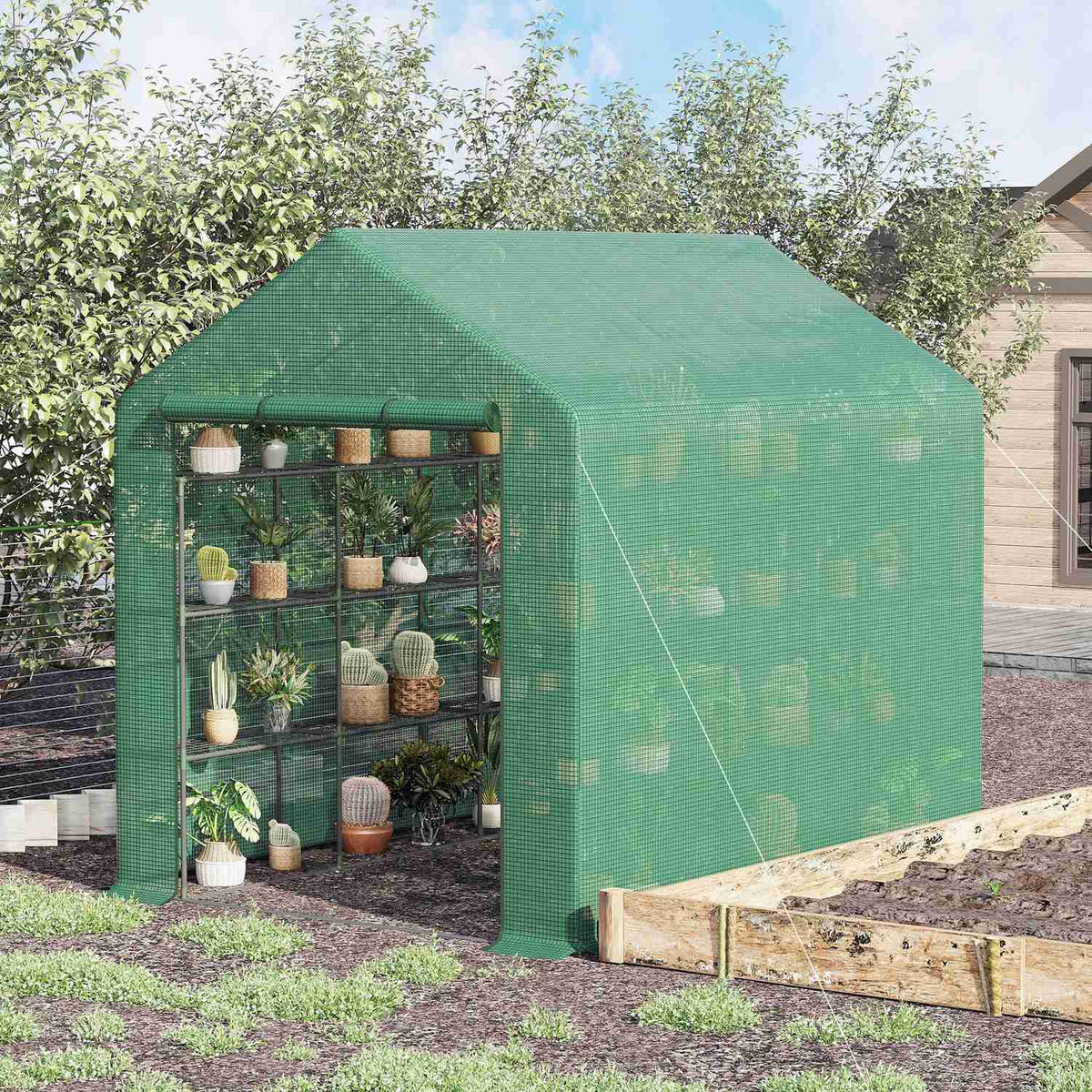 Foil Greenhouse Walk-In Greenhouse With 8 Shelves, Tomato Greenhouse, Cold Frame With Door, Green, Steel Pe Plastic