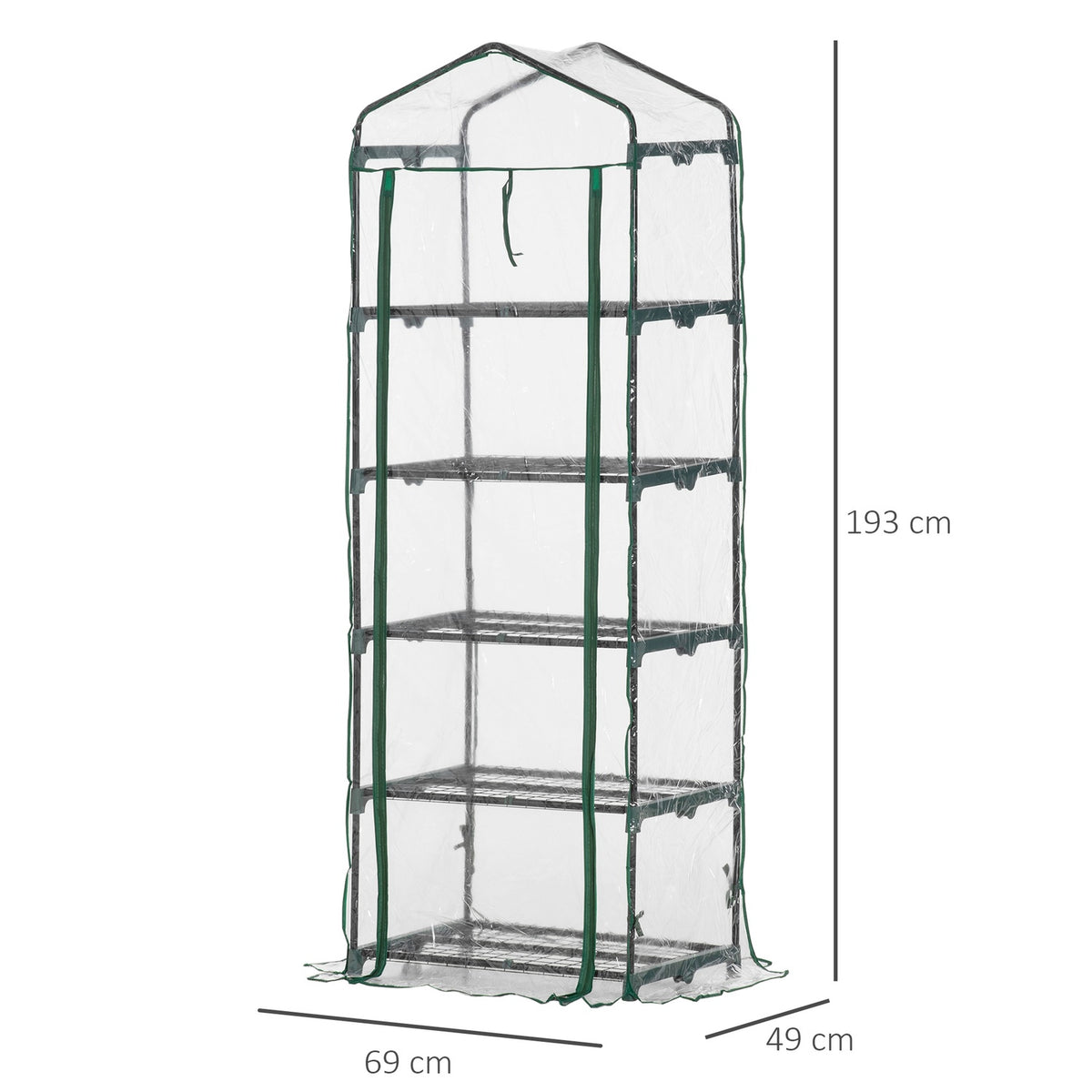 Foil Greenhouse With 5 Shelves, Mini Greenhouse, For Flowers Or Vegetables, Greenhouse, Transparent+Green, 69X49X193Cm