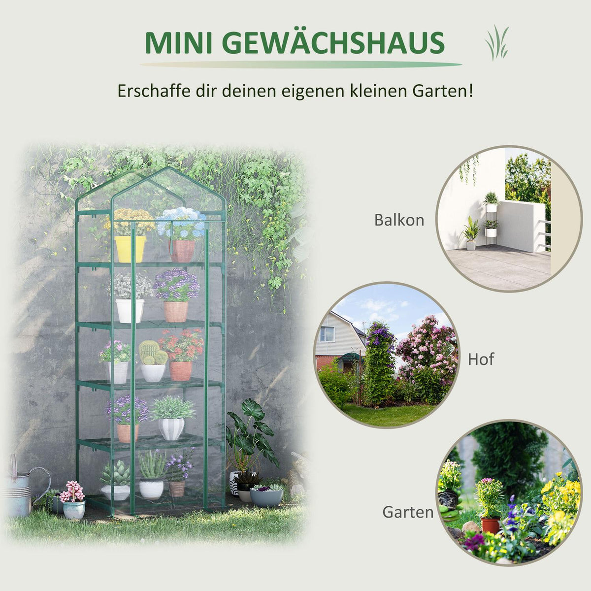 Foil Greenhouse With 5 Shelves, Mini Greenhouse, For Flowers Or Vegetables, Greenhouse, Transparent+Green, 69X49X193Cm