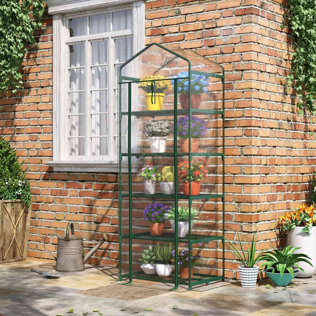 Foil Greenhouse With 5 Shelves, Mini Greenhouse, For Flowers Or Vegetables, Greenhouse, Transparent+Green, 69X49X193Cm