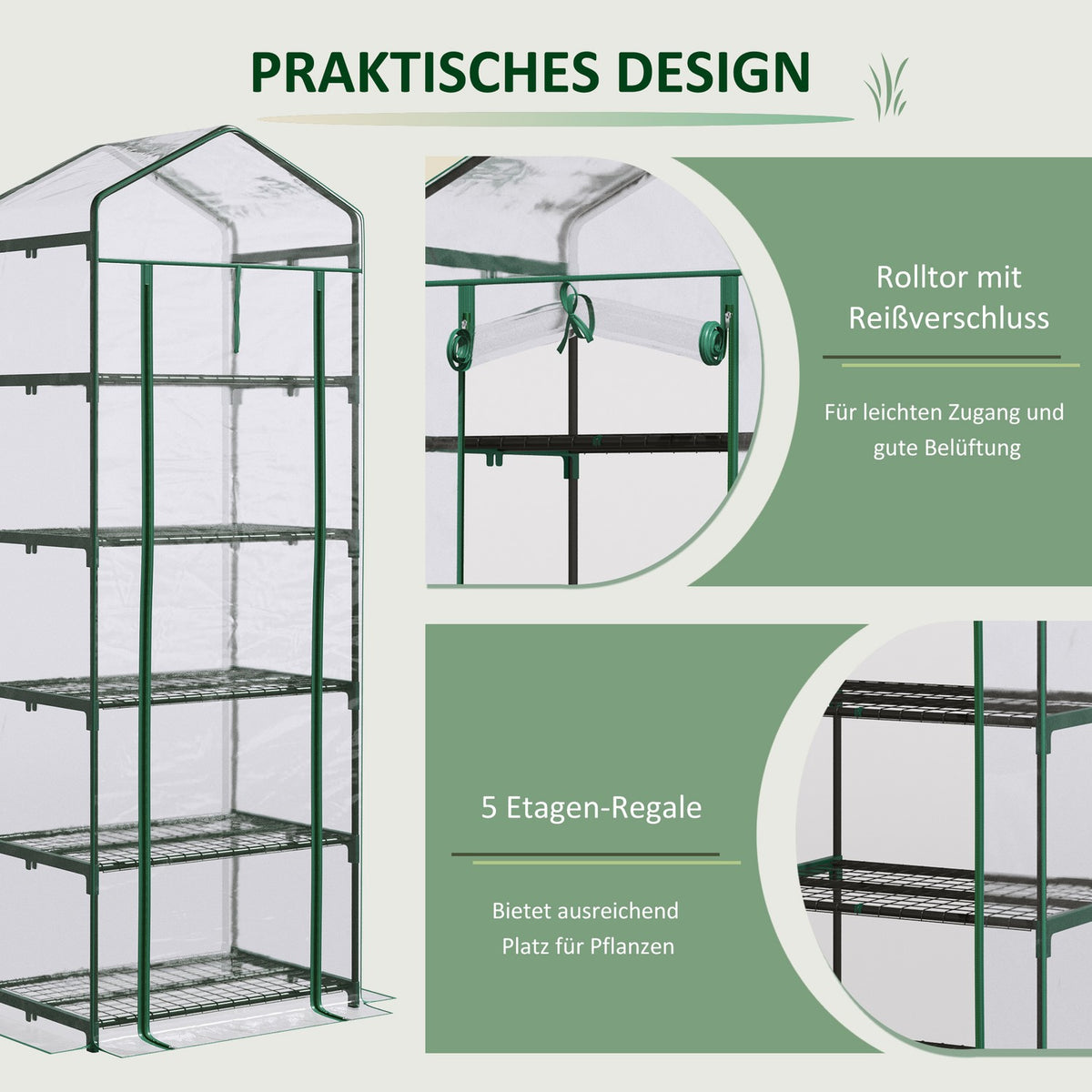 Foil Greenhouse With 5 Shelves, Mini Greenhouse, For Flowers Or Vegetables, Greenhouse, Transparent+Green, 69X49X193Cm
