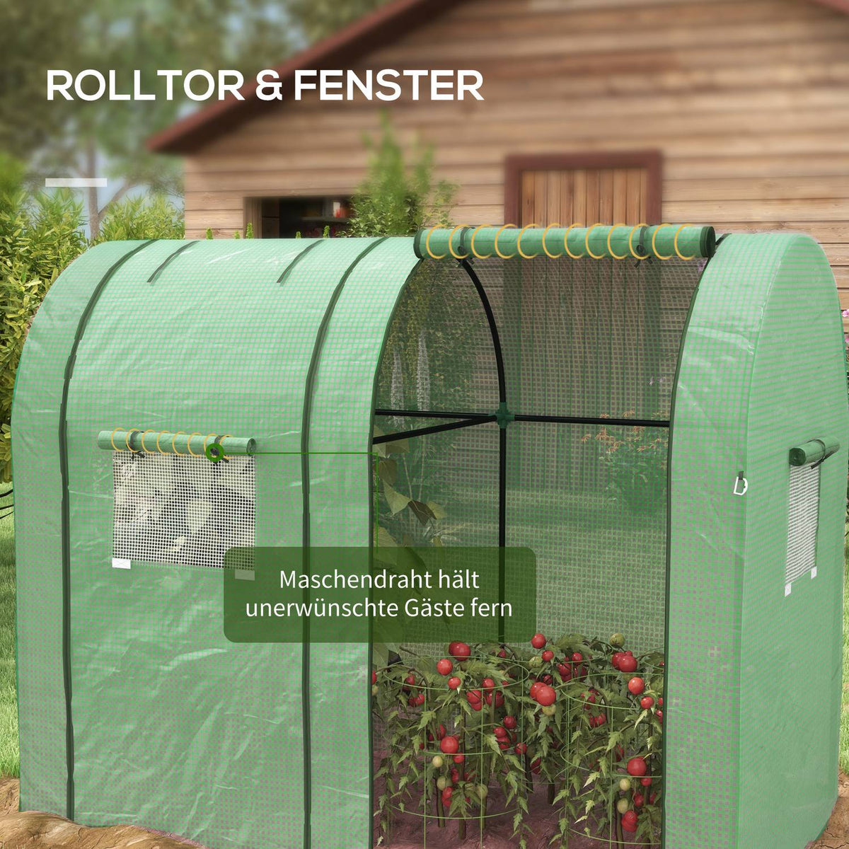 Foil greenhouse 2 roller doors windproof with side window UV protection for garden tomato house made of PE in green