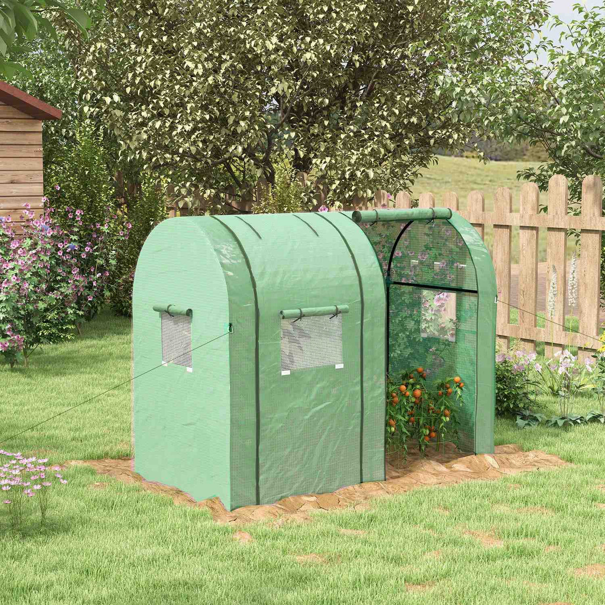 Foil greenhouse 2 roller doors windproof with side window UV protection for garden tomato house made of PE in green