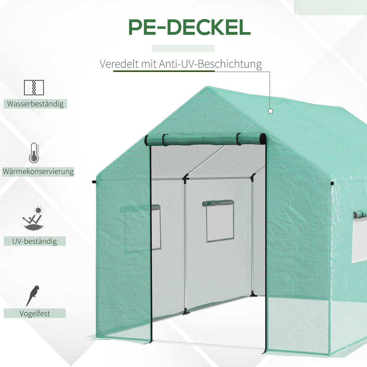Foil greenhouse 2x3x2m windproof with roll-up window & UV protection, ideal for tomatoes, sturdy steel construction in green