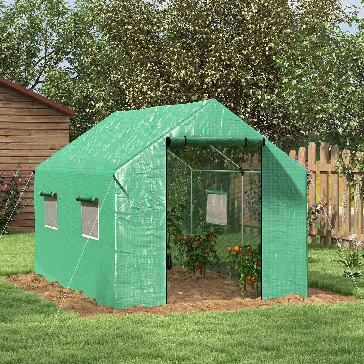 Foil greenhouse 2x3x2m windproof with roll-up window & UV protection, ideal for tomatoes, sturdy steel construction in green