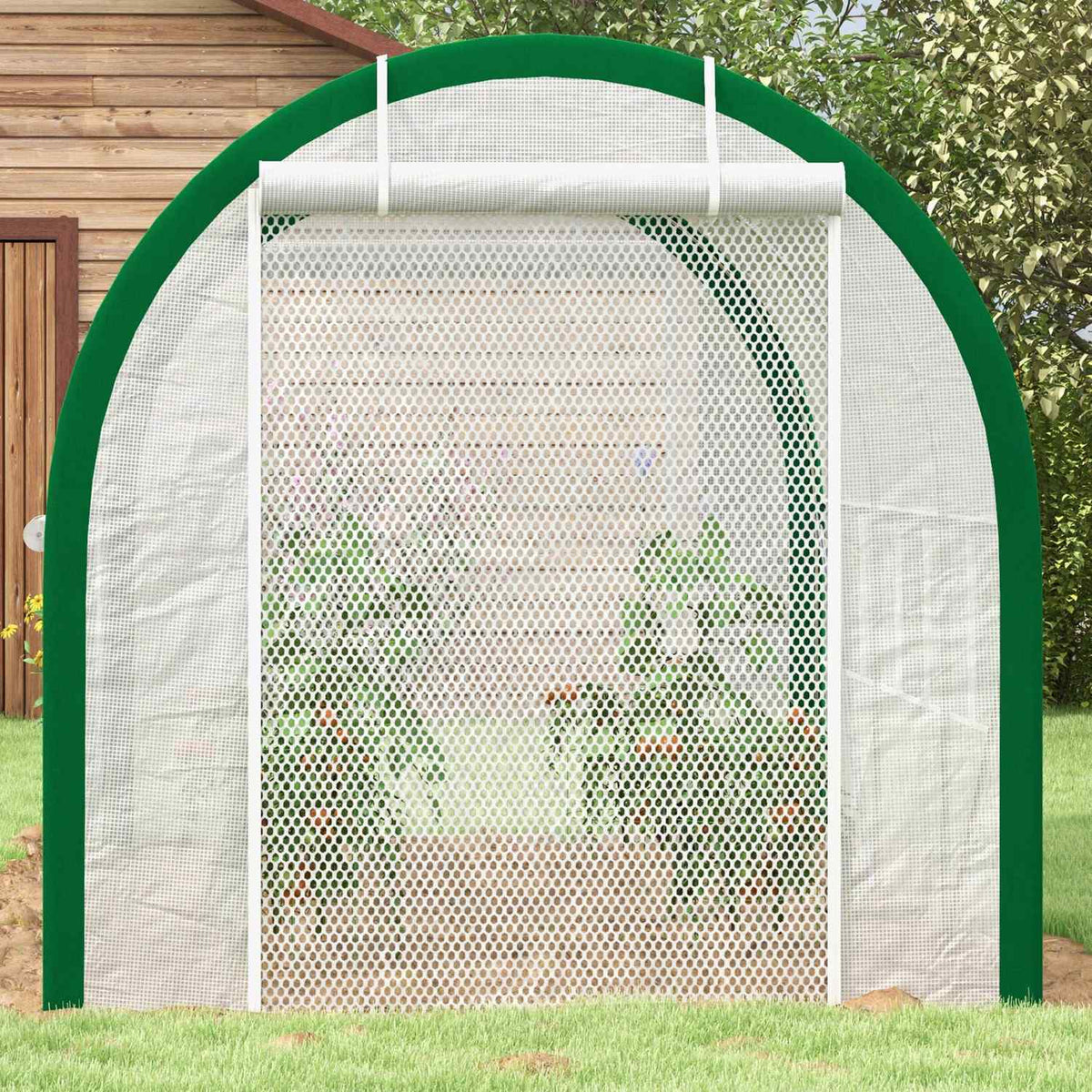 Foil greenhouse 3.58 x 2.1 x 2.1 m tunnel greenhouse with roller door for garden & balcony, galvanized steel, white