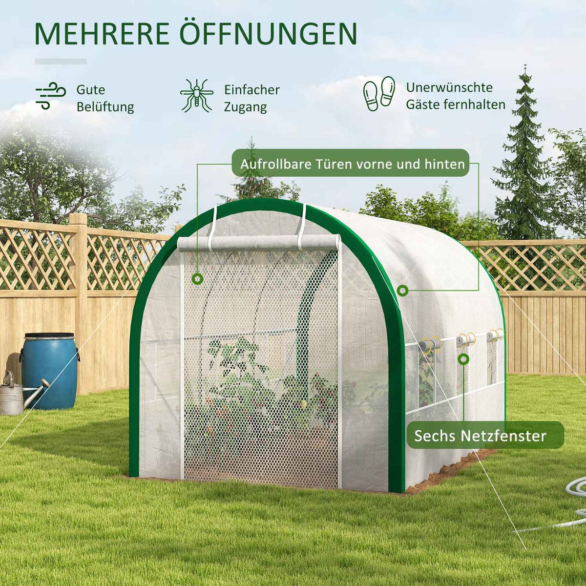 Foil greenhouse 3.58 x 2.1 x 2.1 m tunnel greenhouse with roller door for garden & balcony, galvanized steel, white
