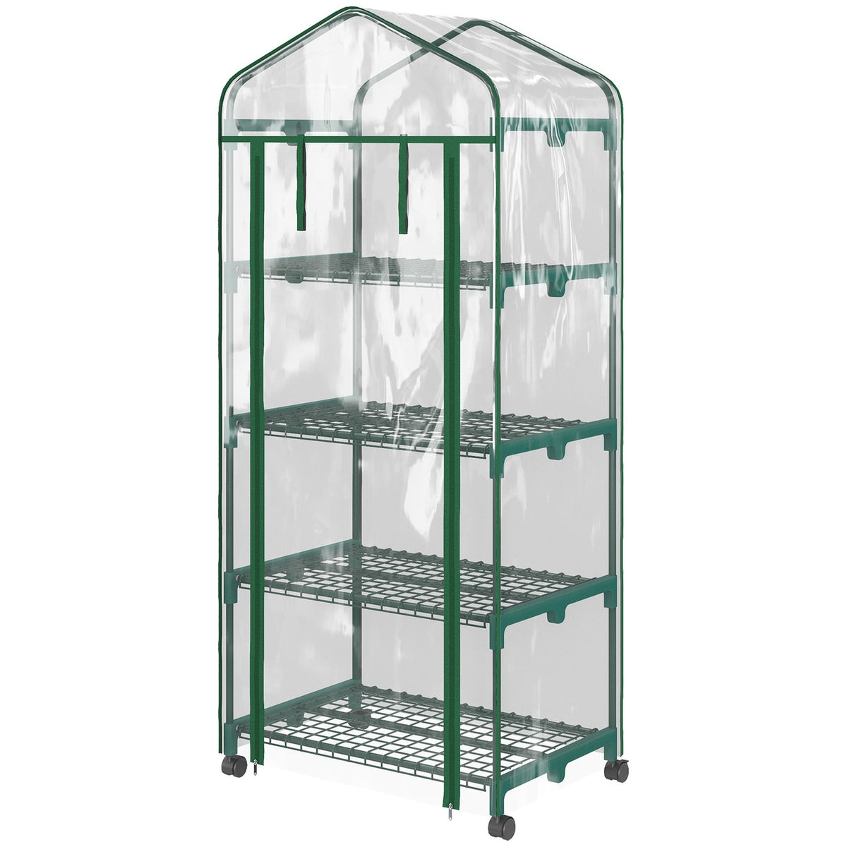 Foil greenhouse with roller, greenhouse with 4 shelves, foil greenhouse with steel frame, for garden, balcony 69 x 50 x 165 cm, green