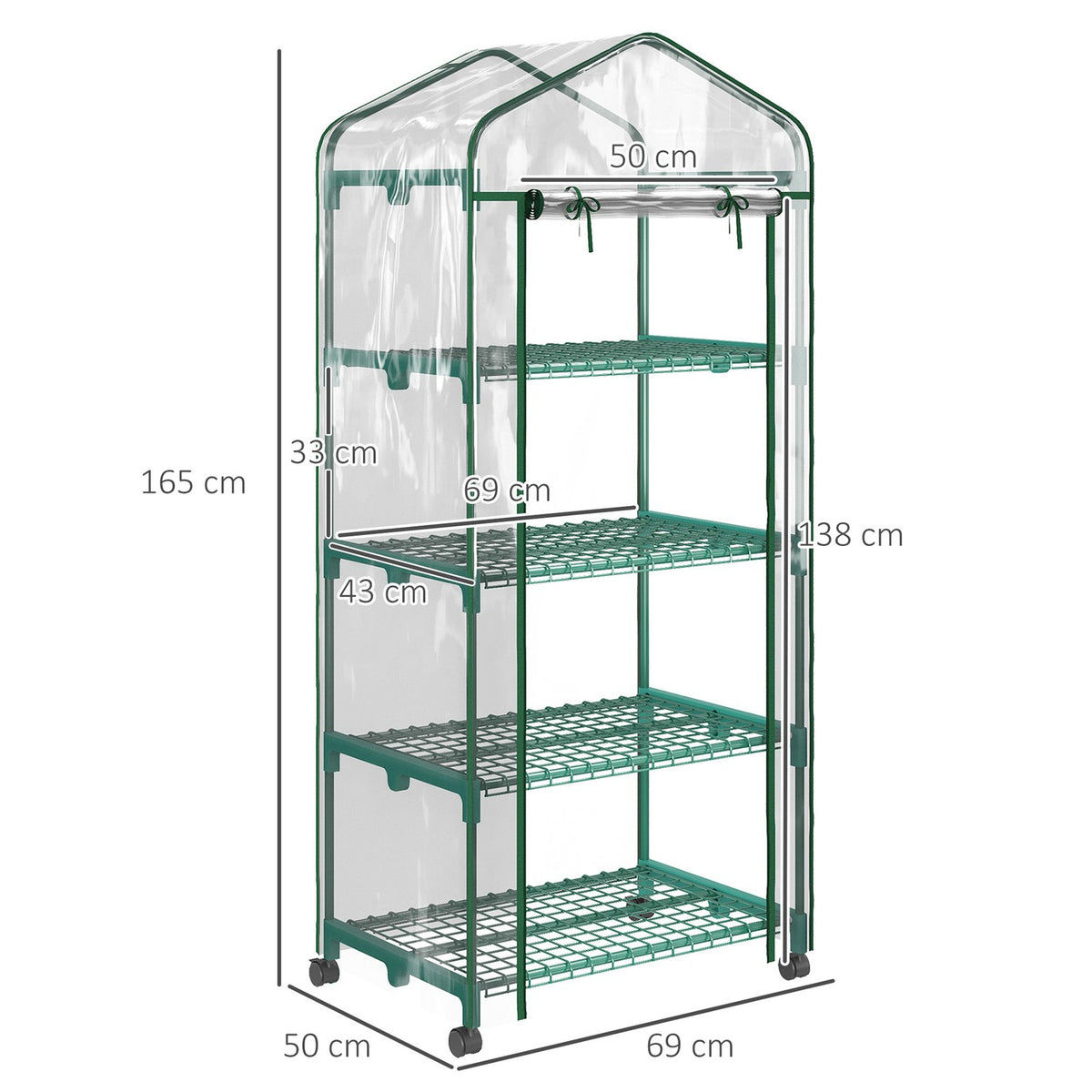 Foil greenhouse with roller, greenhouse with 4 shelves, foil greenhouse with steel frame, for garden, balcony 69 x 50 x 165 cm, green
