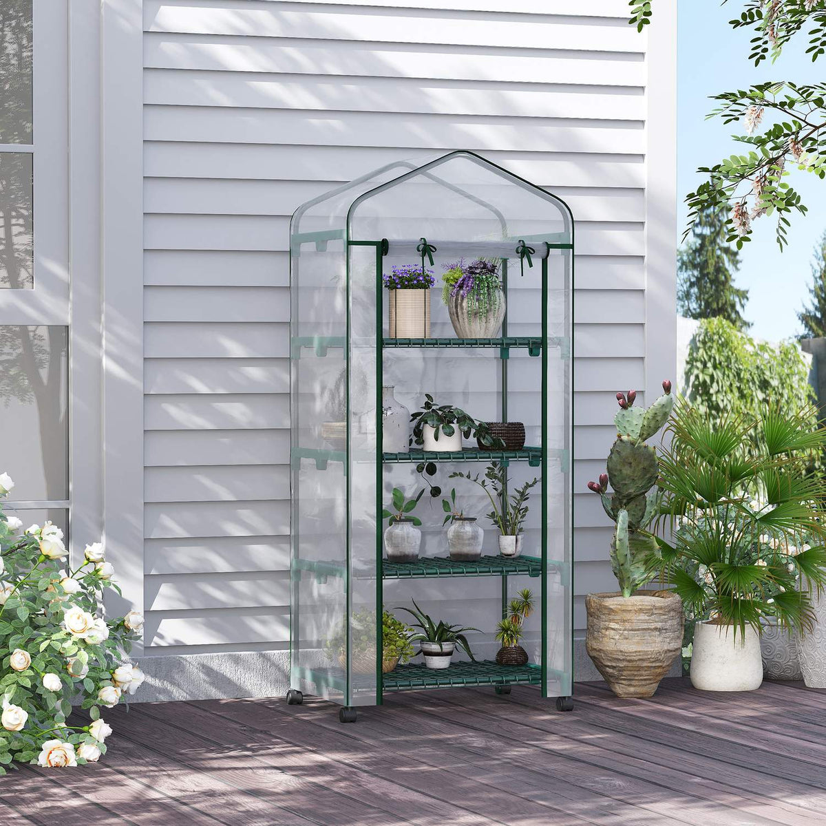 Foil greenhouse with roller, greenhouse with 4 shelves, foil greenhouse with steel frame, for garden, balcony 69 x 50 x 165 cm, green