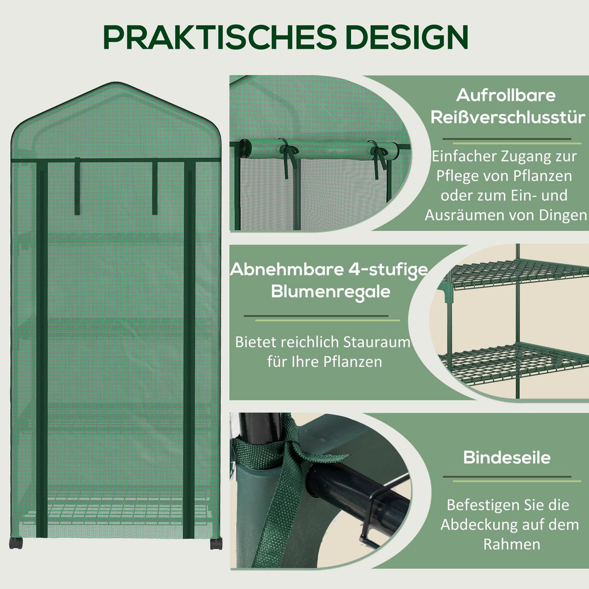 Foil greenhouse with roller, greenhouse with 4 shelves, foil greenhouse with steel frame, for garden, balcony 69 x 50 x 165 cm, green