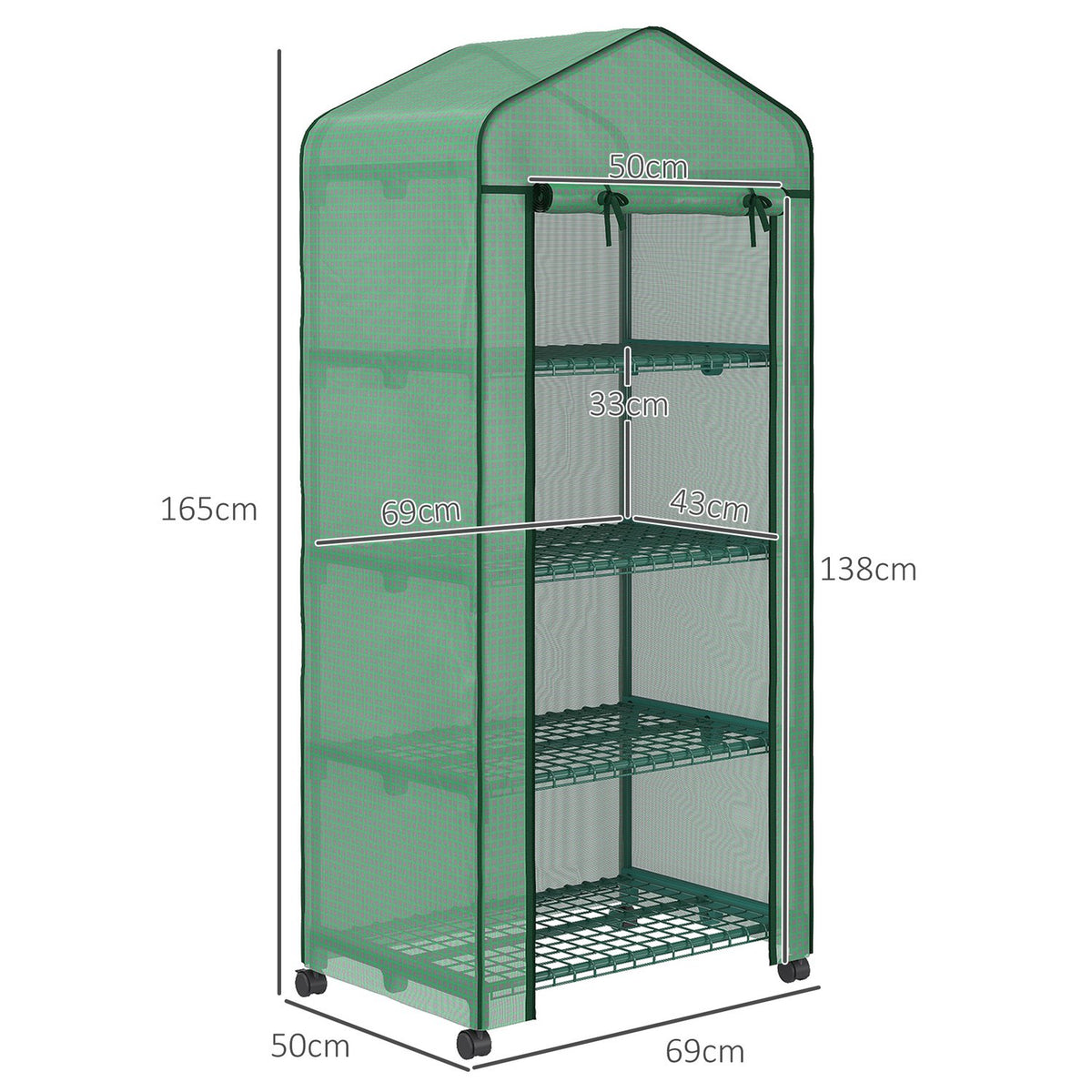 Foil greenhouse with roller, greenhouse with 4 shelves, foil greenhouse with steel frame, for garden, balcony 69 x 50 x 165 cm, green