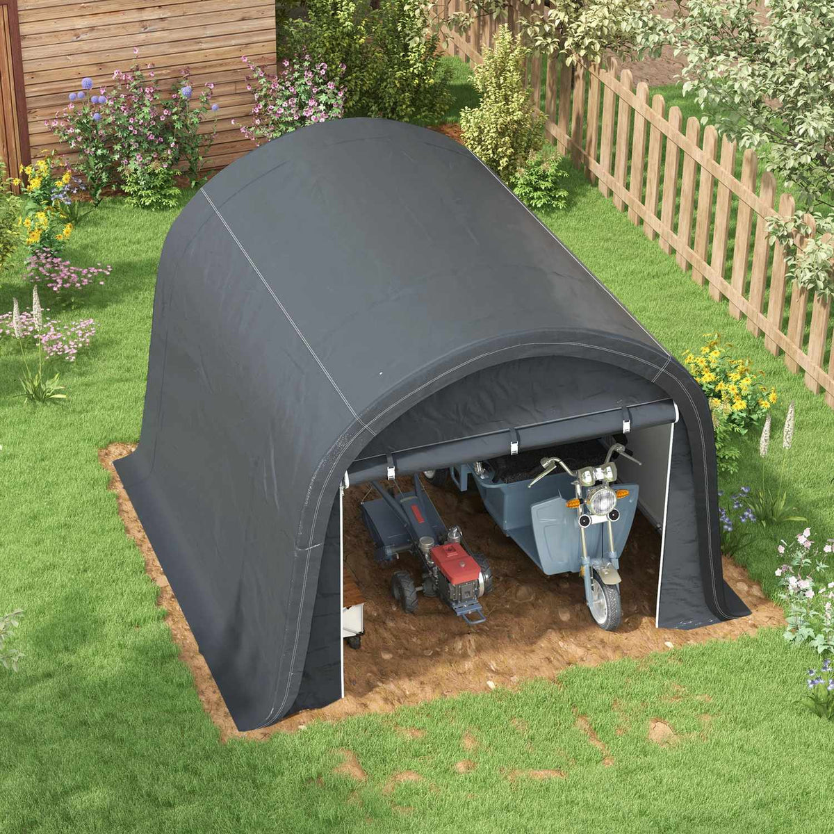 Foil tool shed 3x3m tool shed with UV protection, water-repellent, steel, PE, gray, with two roller shutters