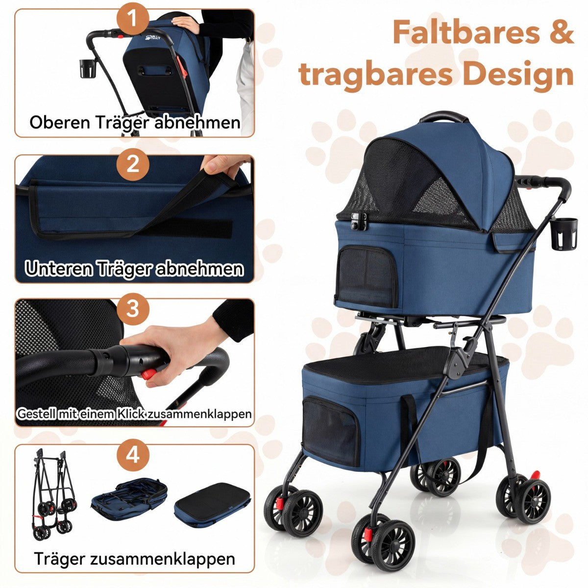 Foldable 3-in-1 Pet Stroller with Dual Carriers, Blue