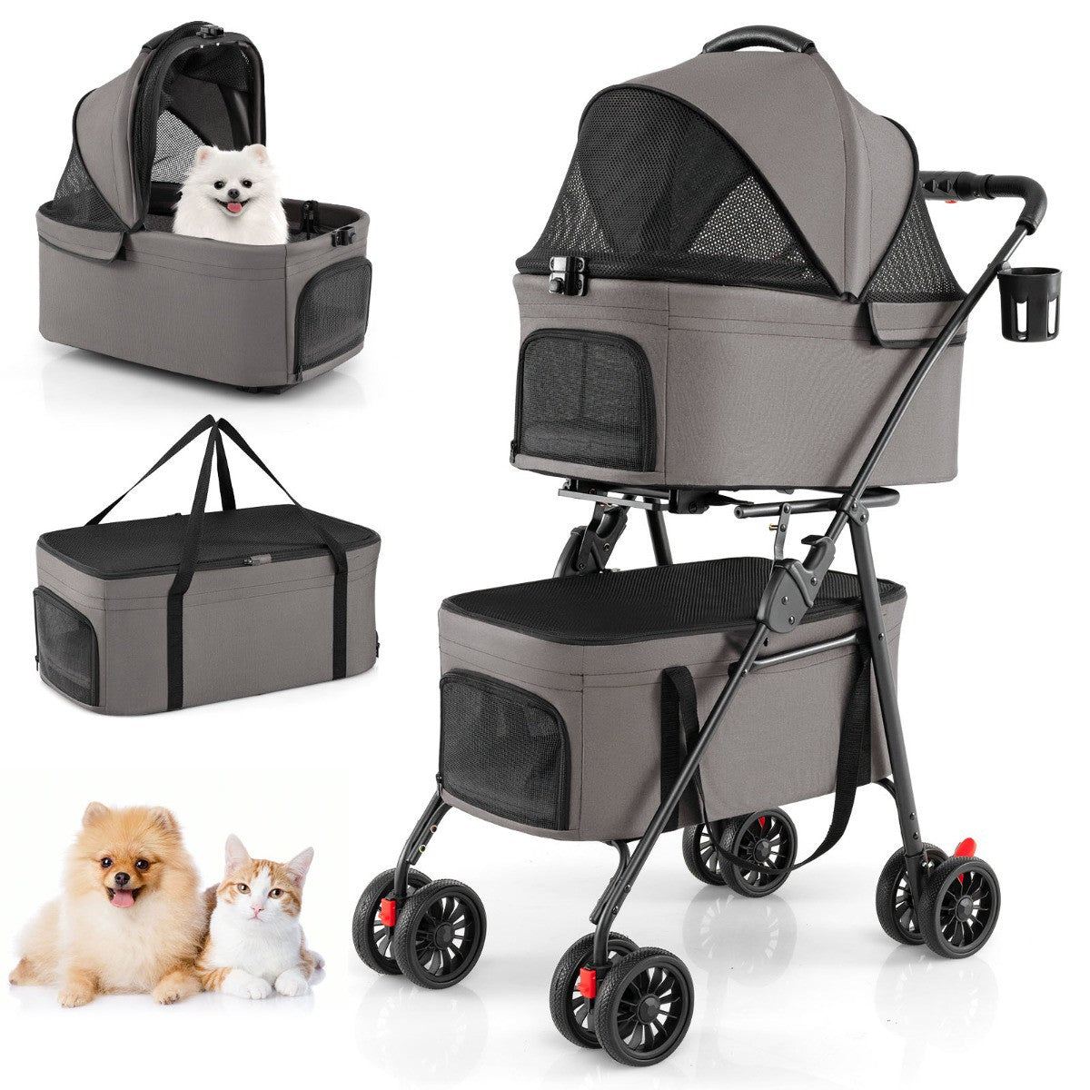 Foldable 3-in-1 Pet Stroller with Dual Carriers, Gray