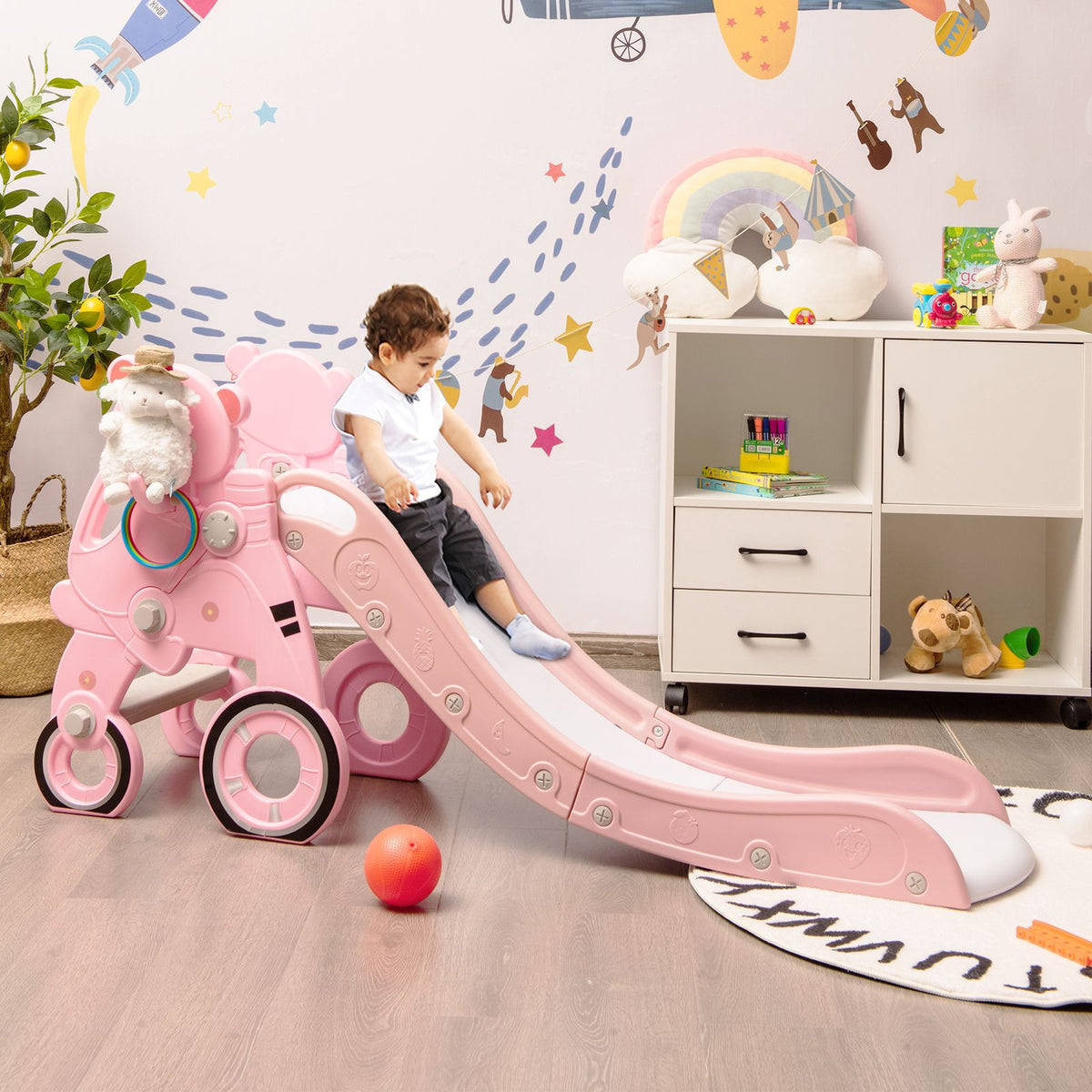Foldable 4-In-1 Toddler Slide Set, Hoop, Pink, 110 Lb