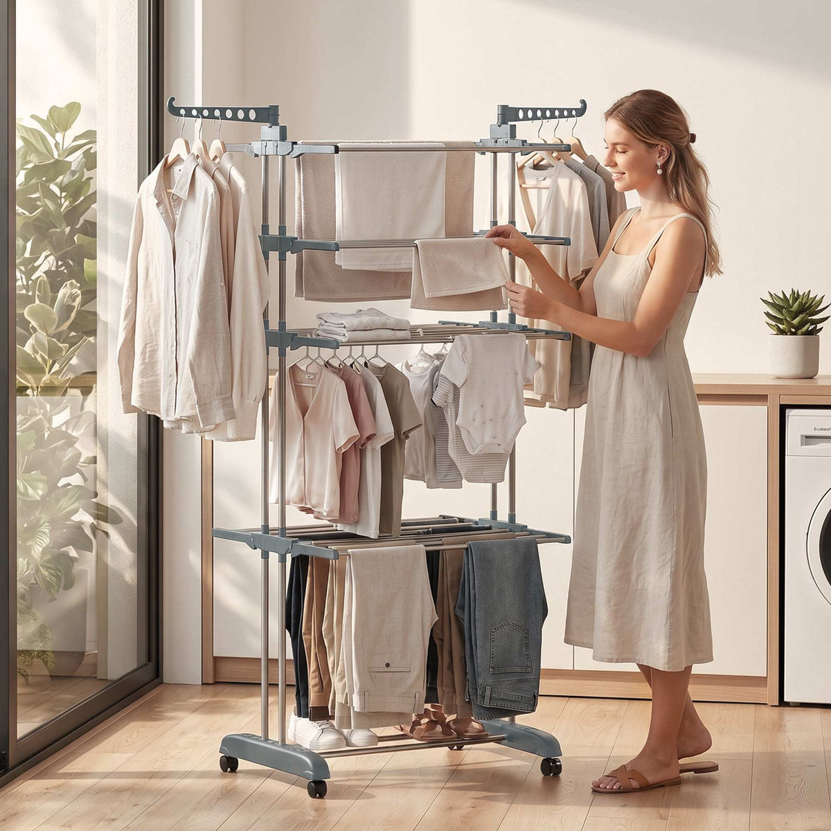 Foldable 5-Tier Clothes Drying Rack with Wheels, Grey