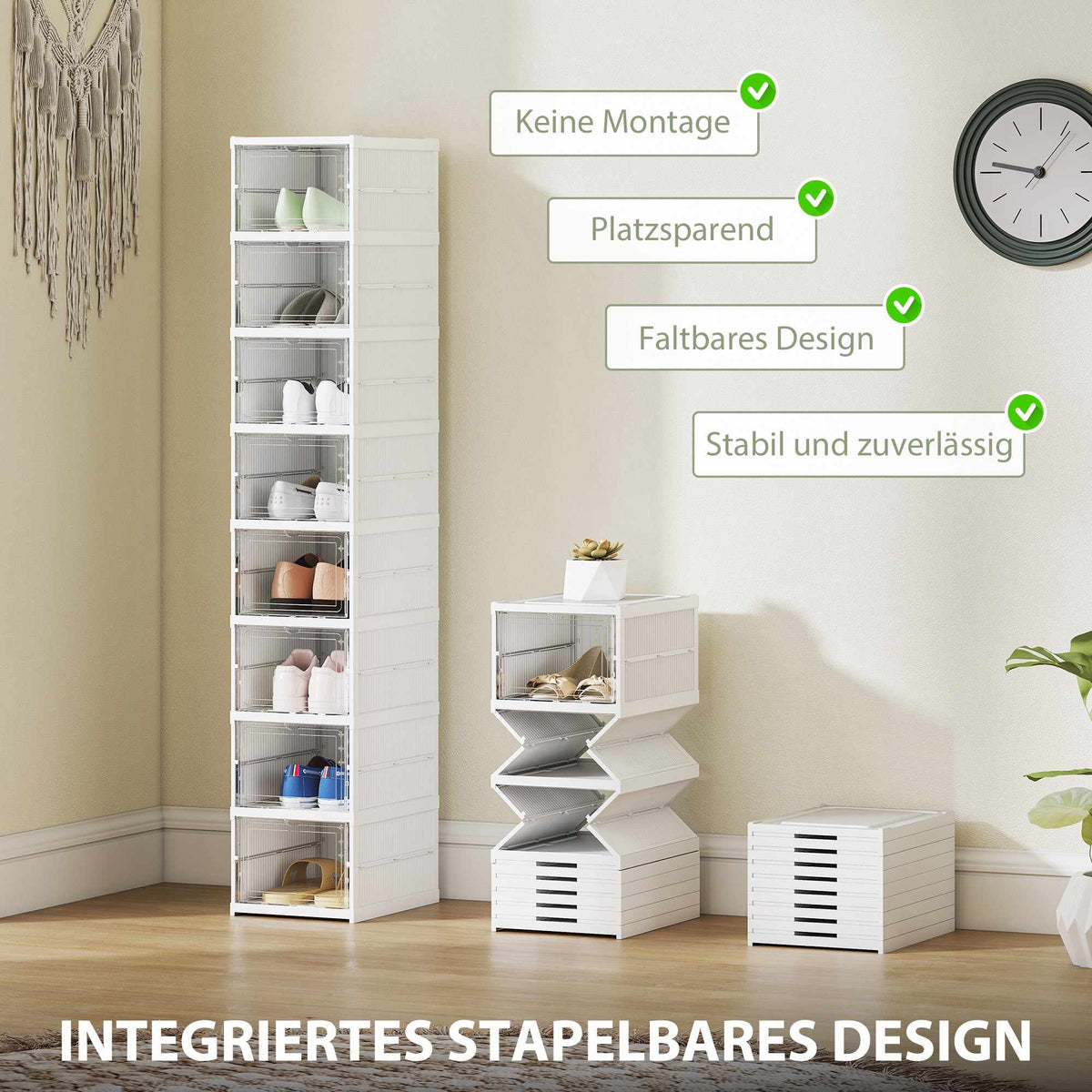 Foldable 8-Tier Shoe Rack, Ventilated Plastic, White