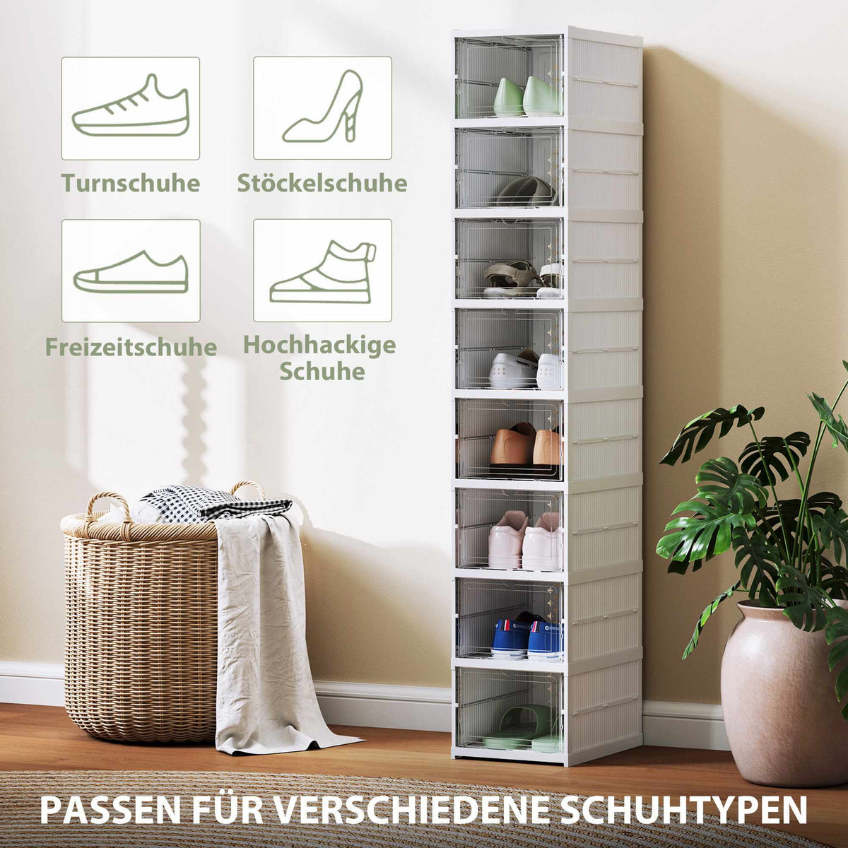 Foldable 8-Tier Shoe Rack, Ventilated Plastic, White