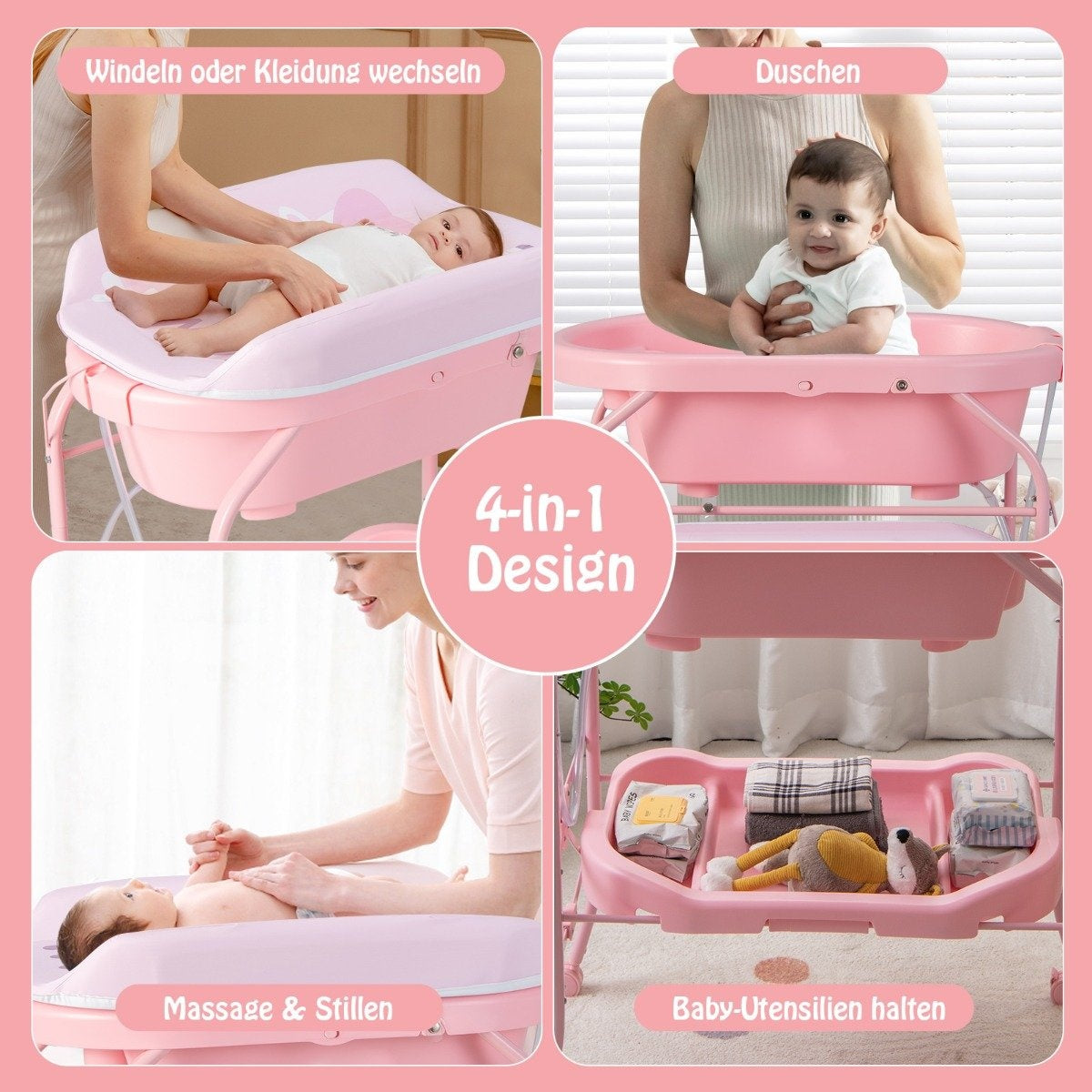Foldable Baby Changing Table with Bath, Storage, Wheels