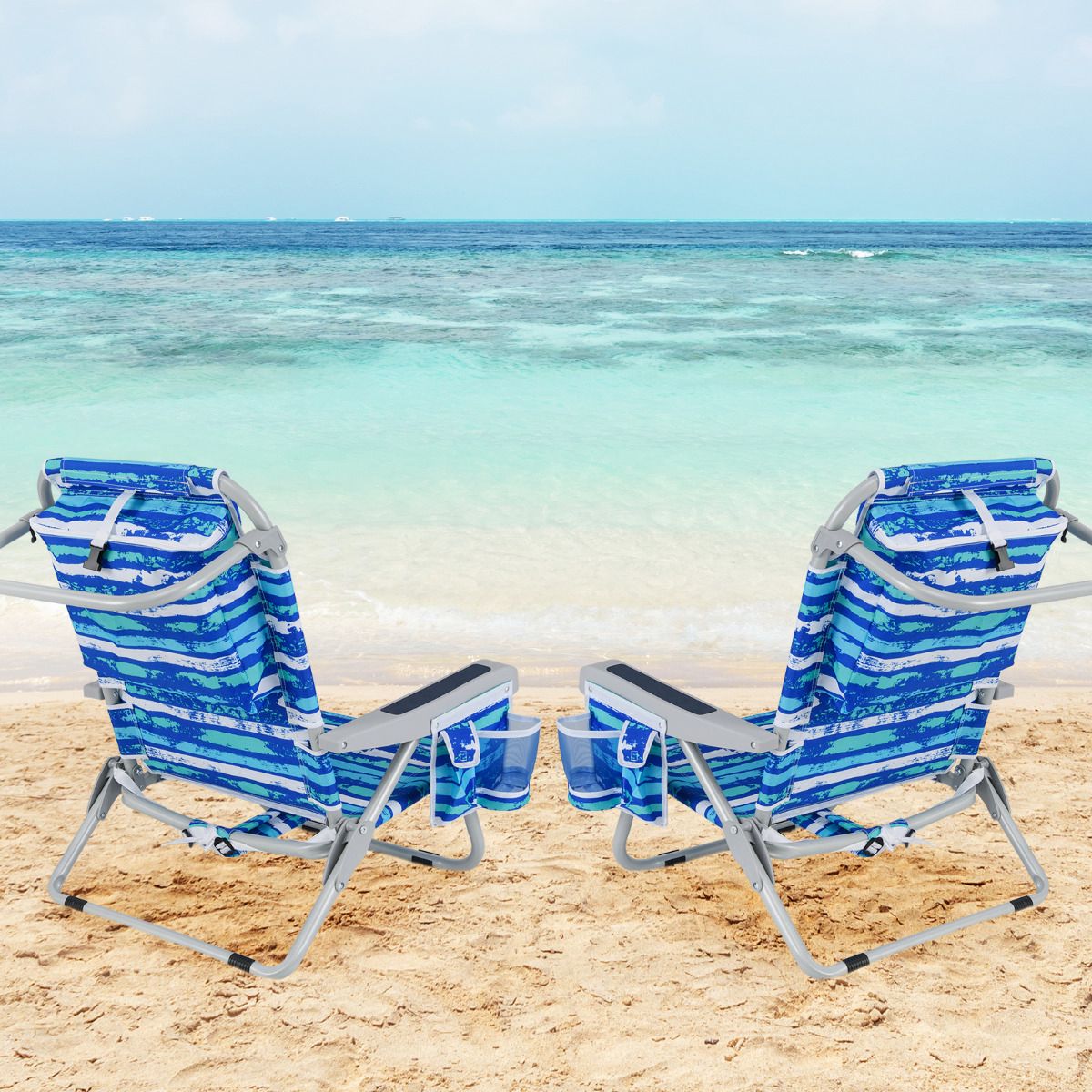 Foldable Backpack Beach Chairs Set of 2, Cup Holder, Navy