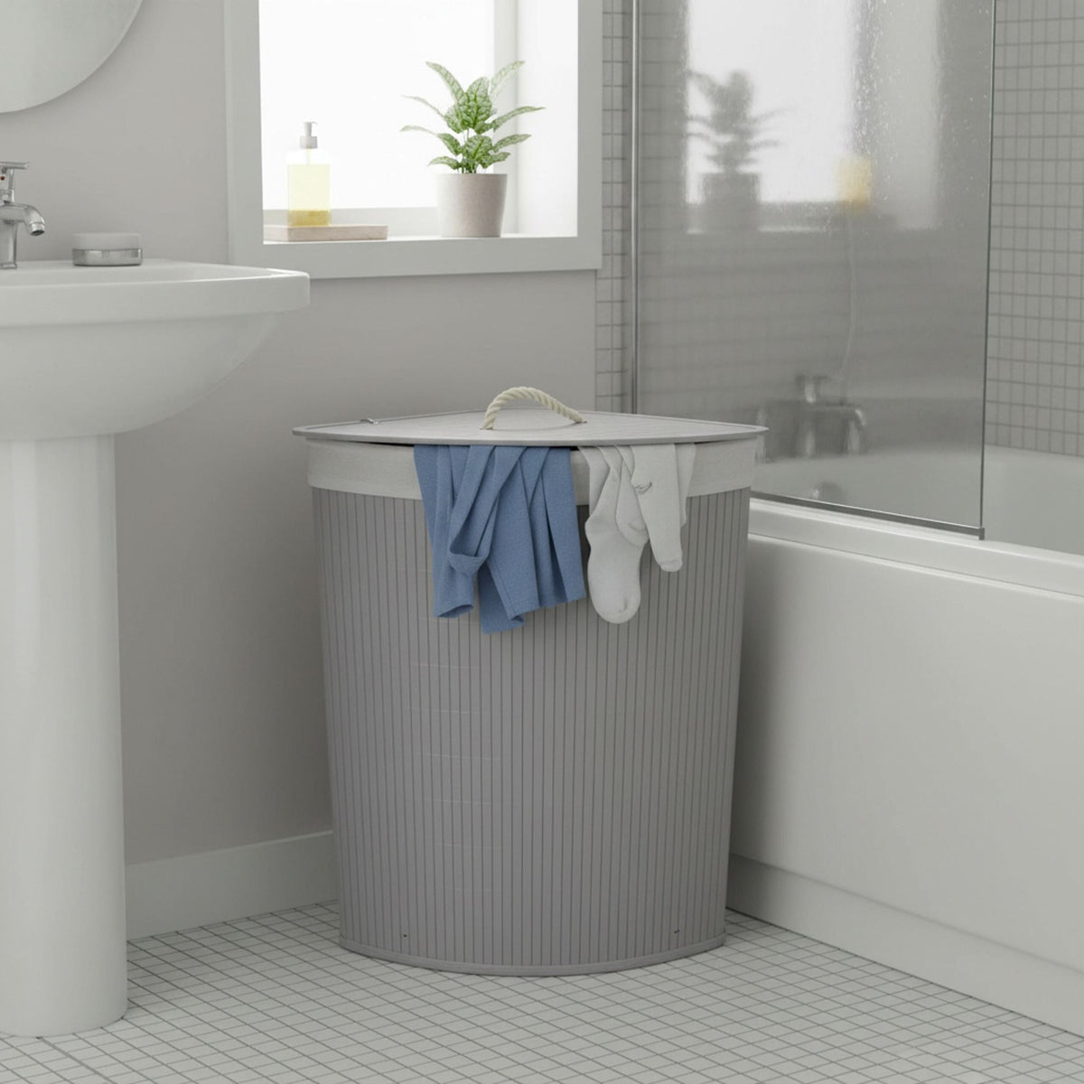 Foldable Bamboo Corner Laundry Bin with Lid