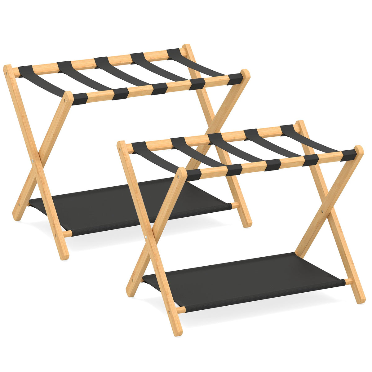 Foldable Bamboo Luggage Stand Set with Storage Shelves