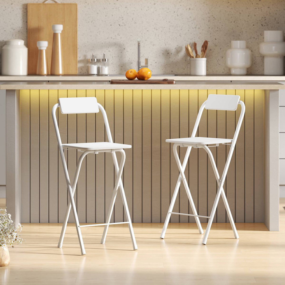 Foldable Bar Stools Set of 2 with Steel Frame, White