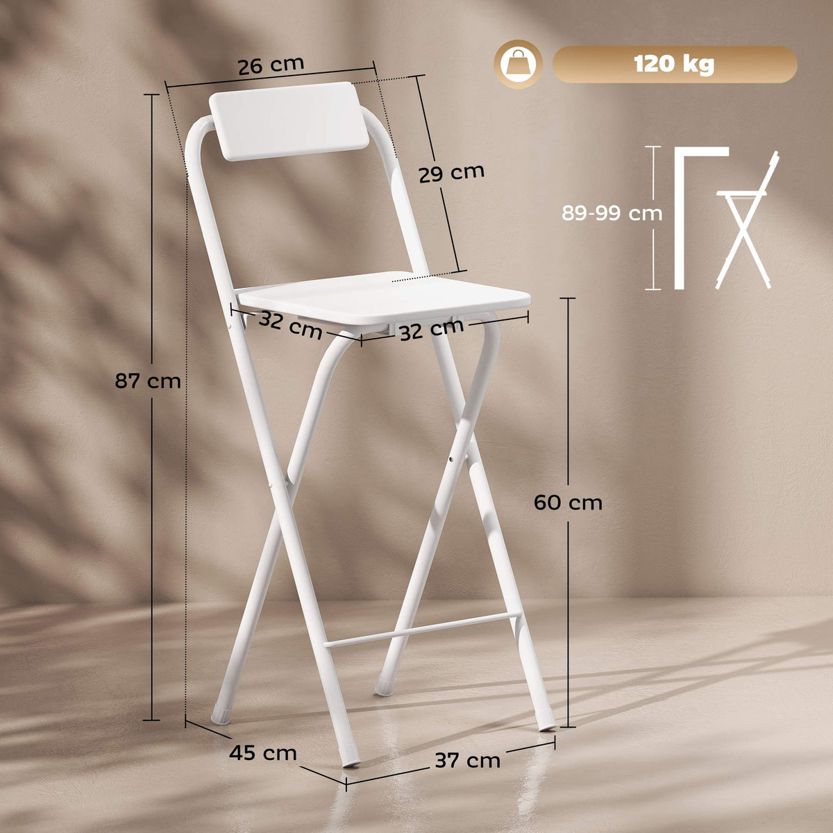 Foldable Bar Stools Set of 2 with Steel Frame, White