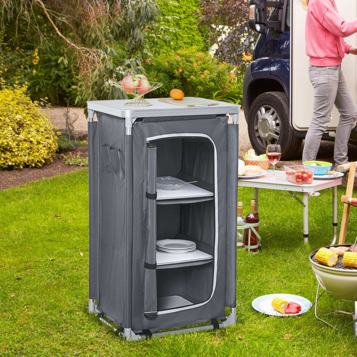 Foldable Camping Cabinet Kitchen Box Portable With Worktop, 3 Shelves, 600D Oxford Fabric, Gray, 60X50X104.5Cm