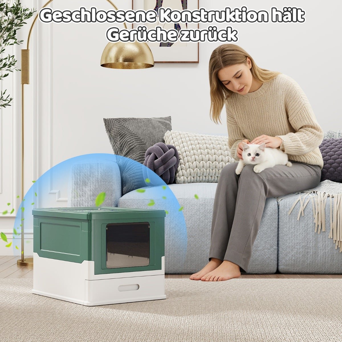 Foldable Cat Litter Box with Lid & Pull-Out Tray, Green