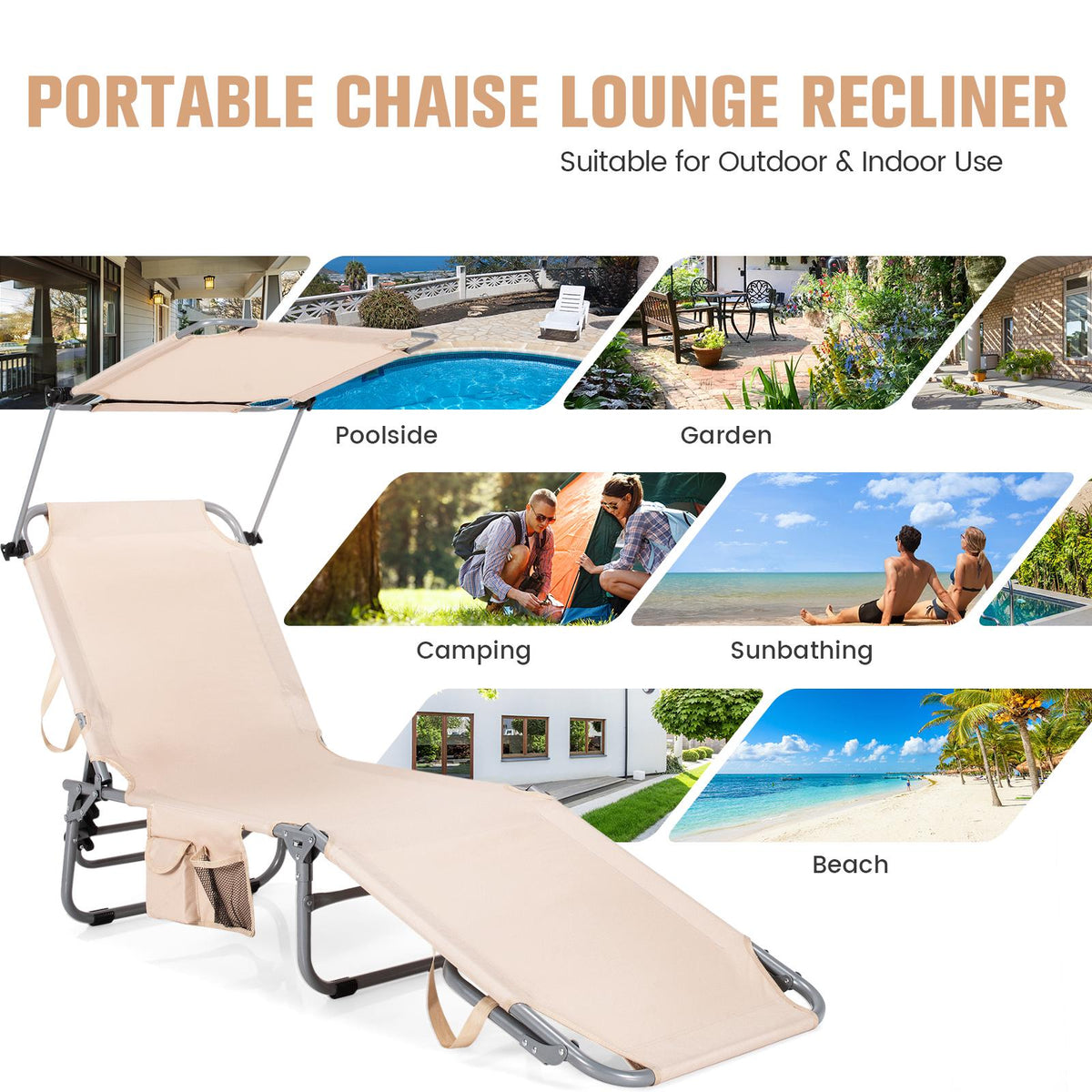 Foldable Chaise Lounge Chair With Sunshade, Side Pocket