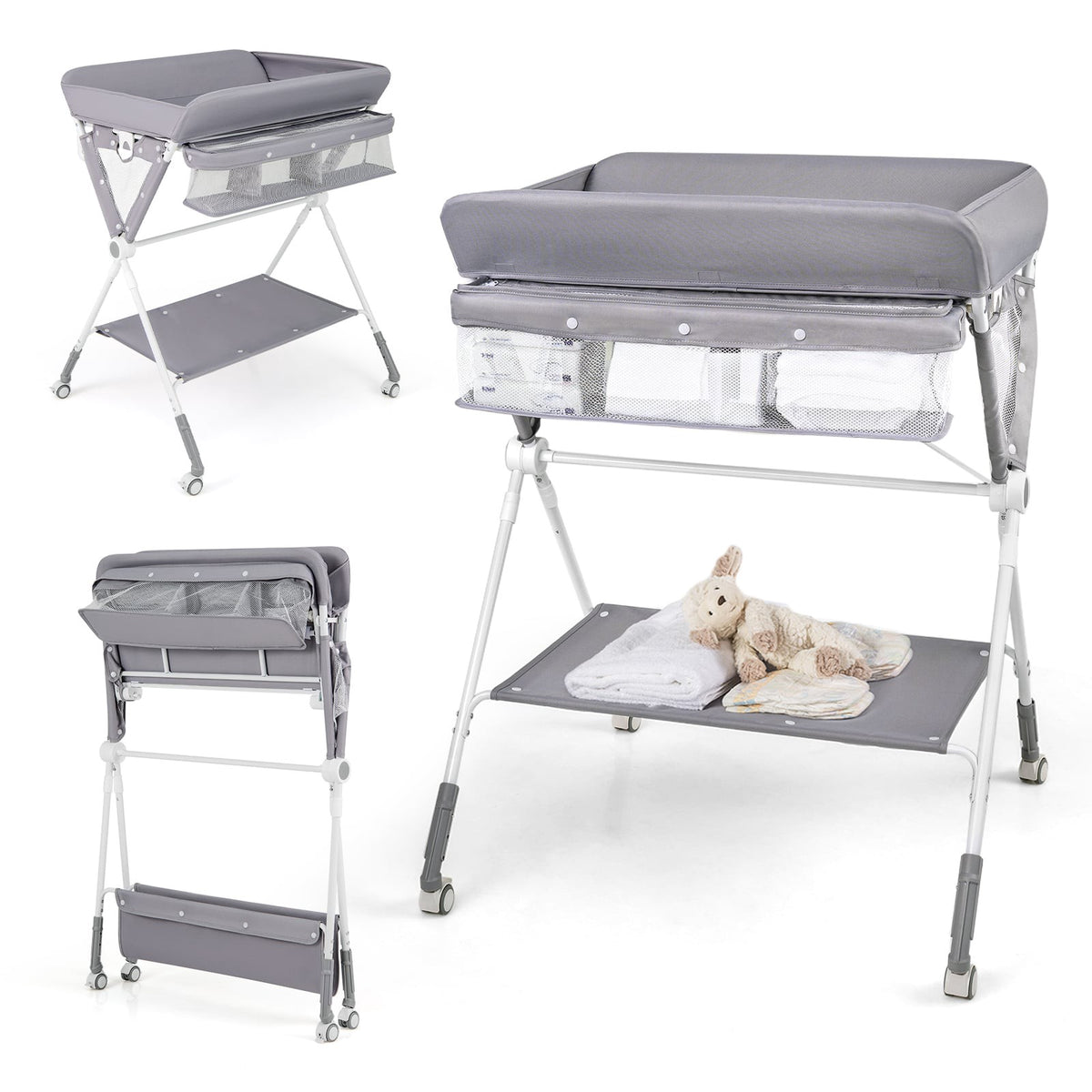 Foldable Changing Table with Adjustable Height & Wheels, Gray