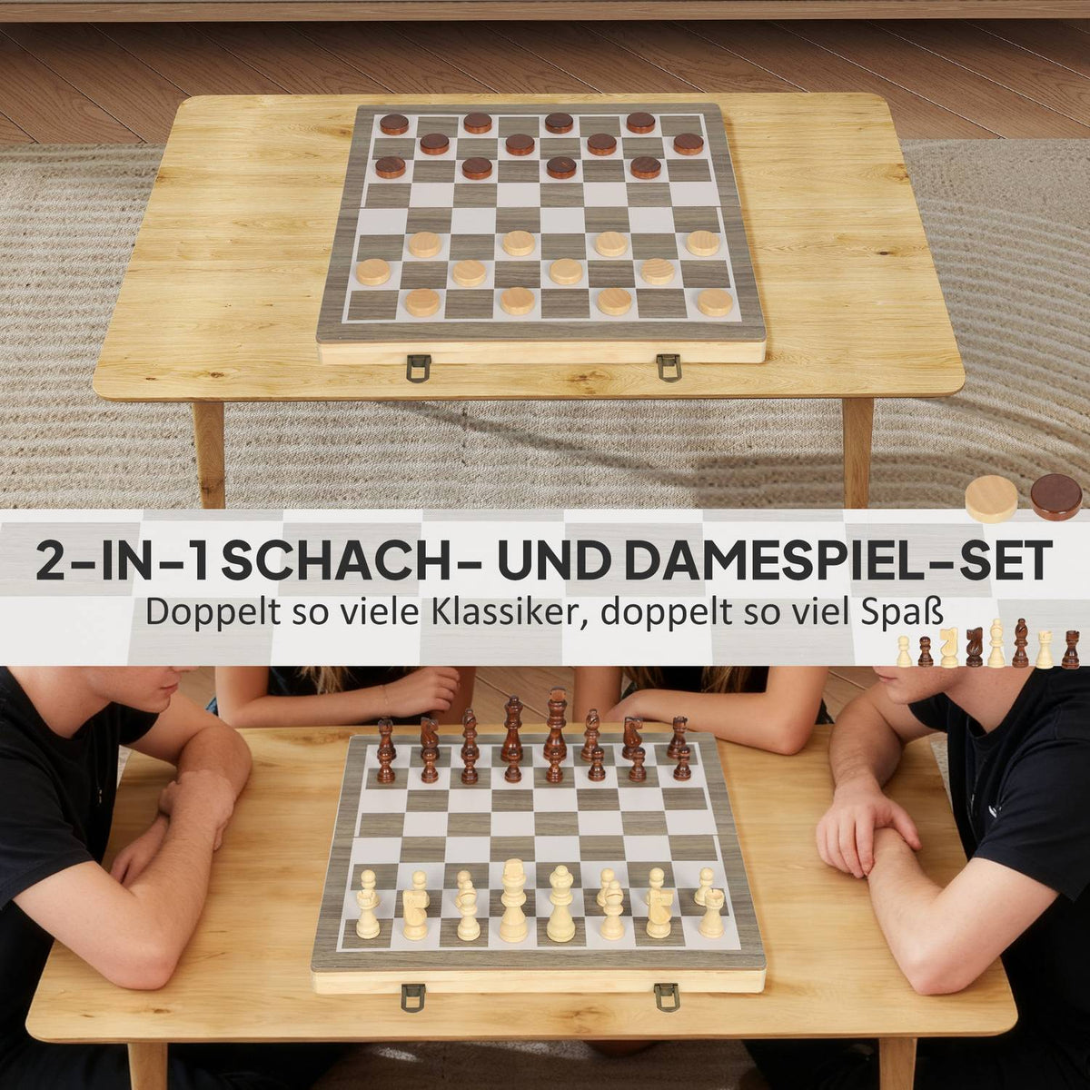 Foldable Chess & Checkers Set, Walnut, Compact Case
