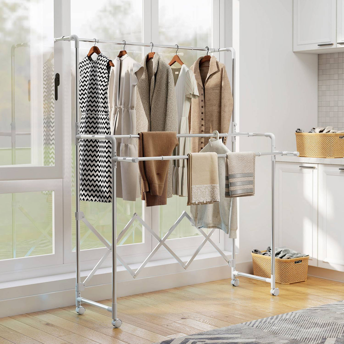 Foldable Clothes Drying Rack, 3 Adjustable Bars, Stainless Steel